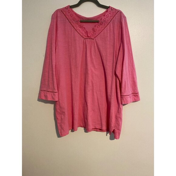 Talbots Womens Pink Crochet Neck Cotton Tunic Top Size 2X Long Line - Picture 1 of 14